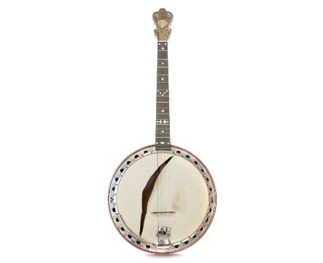 Windsor Popular Model 1 banjo in case Windsor Popular Model 1 four string tenor banjo, with pearl inlaid ebony fingerboard, t