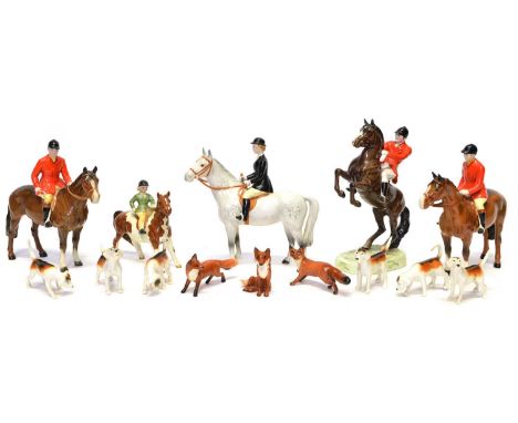 Beswick Hunt Figures Beswick hunt figures to include a huntsman on rearing horse 868, 2x huntsman 1501, skewbald pony with ch