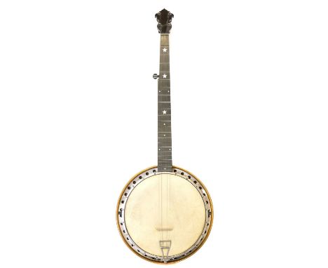 J E Dallas five string banjo with case J E Dallas five string banjo, walnut neck with ebony fingerboard inlaid with stars, th