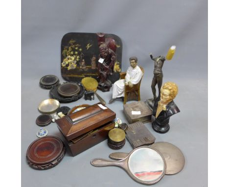 Miscellanea to include hardwood figurine of Lohan, 19th century tea caddy with sarcophagus top,  Hazel Leach trinket dish, Ch