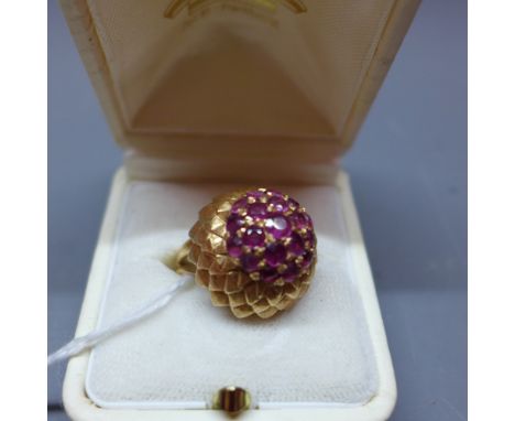 A ladies yellow gold and ruby set 'princess' ring, approx 9g