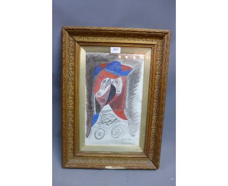 In the manner of Picasso, a pen and ink surrealist portrait of a girl painted over with water colour. Signed and dated 1940. 