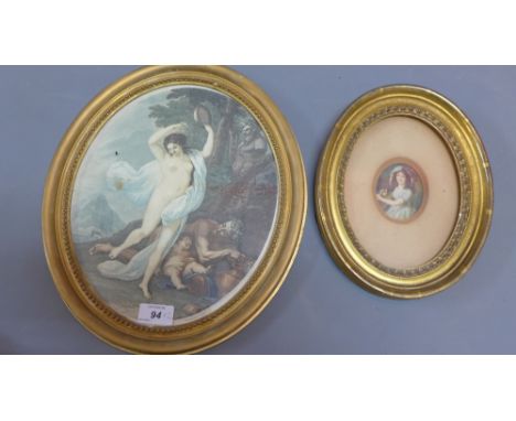 A 19th century Bartolozzi engraving, later colouring, depicting female nude standing full length, together with portrait mini