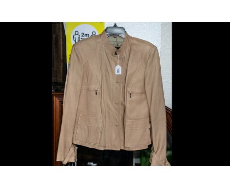 P R Roldie Ladies Real Leather Jacket, made in Spain, honey beige silky leather, fully lined, button front, two zip pockets a
