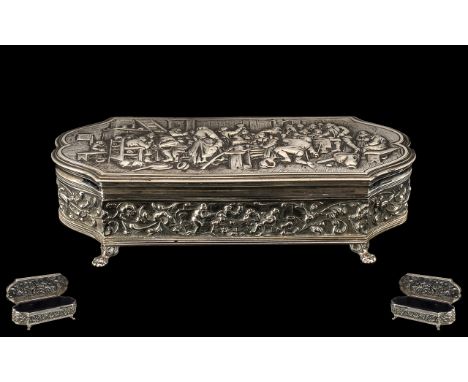 Dutch 20th Century Superb Silver Lidded Trinket Box of Rectangular Form, Raised on 4 Lions Paws Feet. The Cover and Panels De