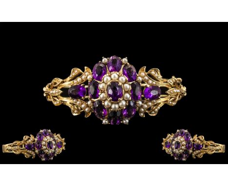 14ct Yellow Gold - Superb and Impressive Amethyst and Seed Pearl Set Ornate Hinged Bangle of Large Proportions. Marked 585 + 