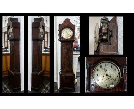 A Fine Quality Georgian Mahogany Musical Movement 8 Day Grandfather Clock, with a round silvered dial.  Maker F. Shearman, Br