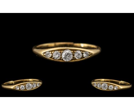 18ct Yellow Gold Attractive 5 Stone Diamond Set Ring marked 18ct. The five semi-cushion cut diamond of top colour and clarity