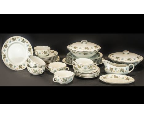 Vinewood Ridgway 'White Mist' Dinner Service, comprising 2 tureens, an oval serving plate, a gravy boat and stand, 6 dinner p