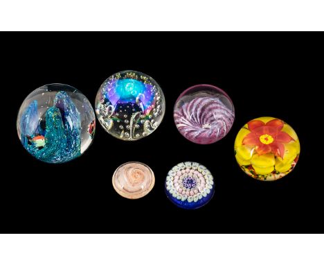 Collection of Vintage Glass Paperweights, six in total, comprising a clear glass with blue coral and small fish; a clear bubb