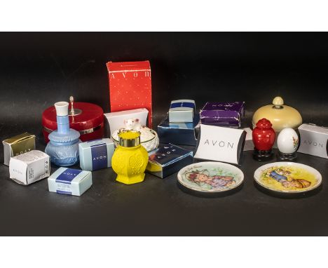 Collection of Avon Jewellery &amp; Gifts, comprising: boxed Evergreen Note Tree; cream powder box; red powder box; jam pot wi