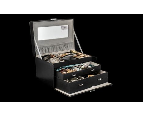 Large Collection of Vintage Costume Jewellery housed in an attractive black leather jewellery box.  Contains earrings, pendan