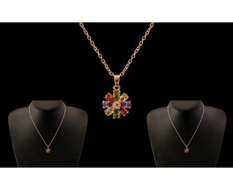 A Sterling Silver Pendant And Necklace In Flower Design - Garnets, Amethyst, Emerald Style Stones Of Excellent Colour  - Chai