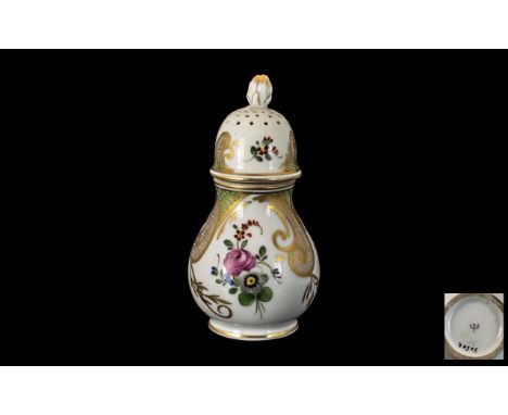 Small Antique Porcelain Sugar Caster with a screw top, decorated to the body with polychrome enamel flowers highlighted in gi