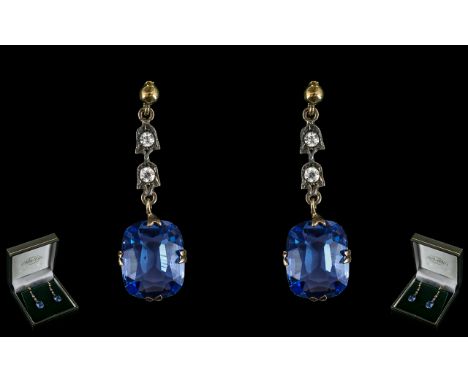 Ladies Attractive Pair of 9ct Gold Stone Set Drop Earrings ' Pierced ' The Step-Cut Blue Topaz's of Good Colour. Drop 1.25 In