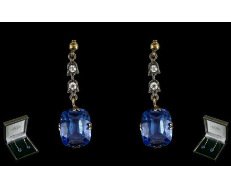 Ladies Attractive Pair of 9ct Gold Stone Set Drop Earrings ' Pierced ' The Step-Cut Blue Topaz's of Good Colour. Drop 1.25 In