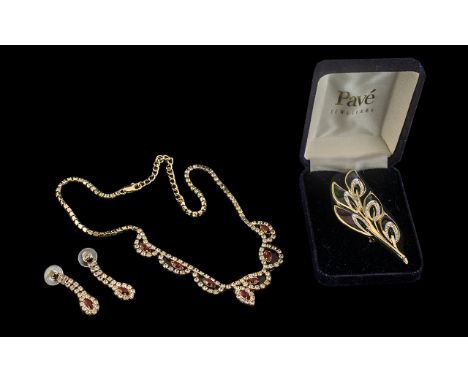Vintage Pave Necklace &amp; Earring Set, in original box (damaged), comprising gold tone chain with red stones, and matching 