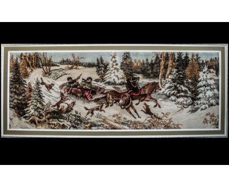 Extra Large Tapestry depicting a winter scene with a horse drawn sleigh and dogs, in a snowy woodland.  Measures 69" long x 2