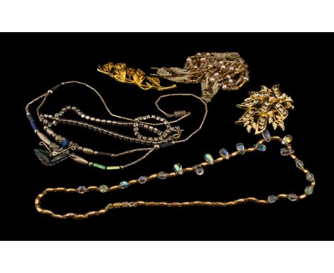 Mixed Vintage Jewellery comprising a vintage butterfly pendant, silver tone, unusual design; pretty gold tone bead necklace w