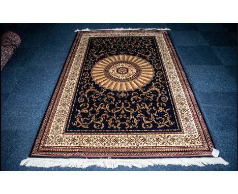 A Large Woven Silk Carpet Keshan rug with beige ground and red border traditional Middle Eastern floral and foliate border de