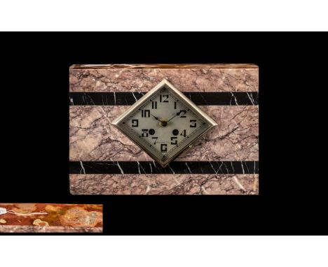 Art Deco Pink Marble Mantle Clock with a diamond shaped silvered dial converted to a quartz battery movement. Size 8" x 12". 