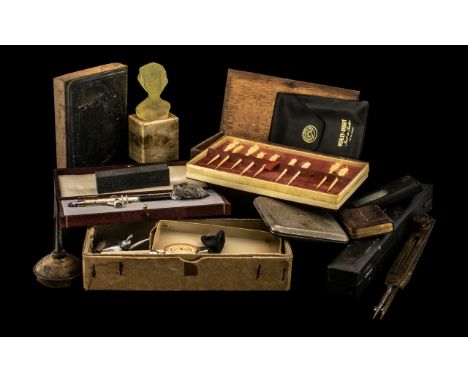 Miscellaneous Lot of Collectibles including boxed scales, vintage cutters, areograph super, cigarette case metre, printing bl