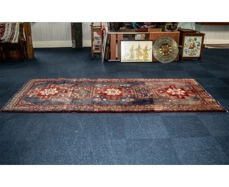 Vintage Washed Persian Hamadan Rug.  Multi-coloured with a central cross medallion design.  Made in Iran.  Measures 325 x 145