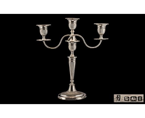 Edwardian Period Fine Quality - Sterling Silver Impressive 3 Branch Candelabra of Classical Design, Raised on Oval Fluted Bas