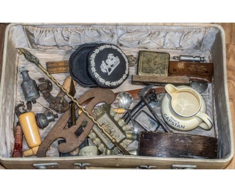 A Case Full of Interesting Ephemera including a boxwood ruler by Robne, Japanese brass cigarette case, a black Wedgwood trink