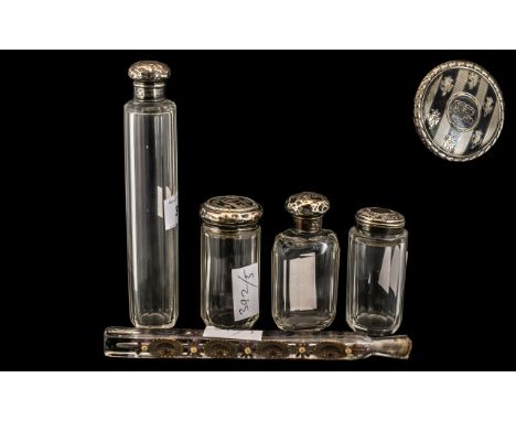 Four Silver Topped Glass Trinket Bottles, plus a French glass stem perfume bottle (5)