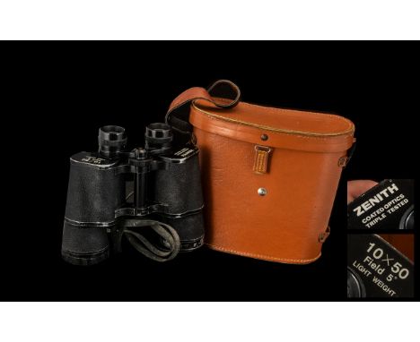 Pair of Vintage Zenith Field Glasses 10 x 50 Light Weight. In tan hard shell carrying case with shoulder strap.