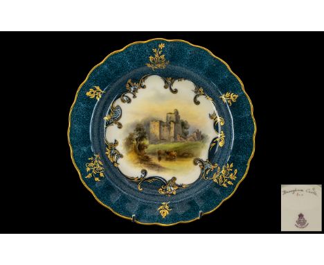 Royal Worcester Signed and Hand Painted Porcelain Cabinet Plate. Titled ' Brougham Castle ' Signed James Stinton, Date 1925. 