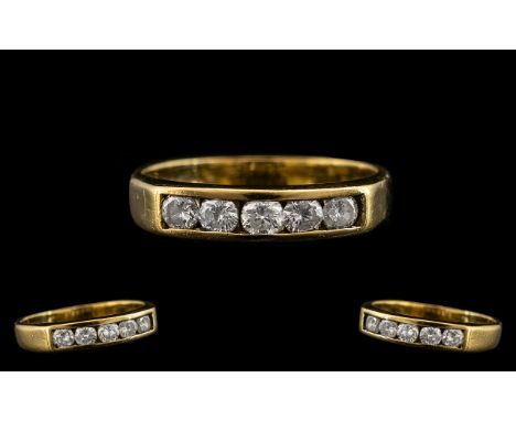 18ct Yellow Gold - Attractive Five Stone Diamond Ring with Full Hallmark For 750 - 18ct. The Five Round Brilliant Cut Diamond