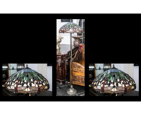 Modern Reproduction Tiffany Style Floor Standing Lamp, typical dragonfly shade, on a bronzed column, height 60".
