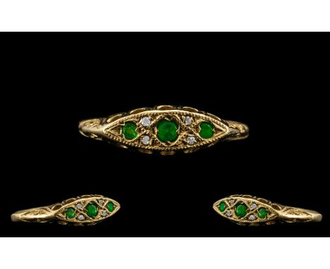 Antique Period Attractive 9ct Gold Diamond and Emerald Set Ring - Exquisite Setting. Ring Size P. Setting and Shank Good Cond