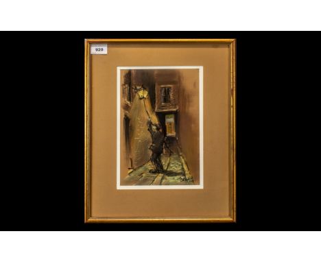 Watercolour by Tom Brown (20th Century) entitled 'The Lamp Lighter', marked 25 verso on label, measures 10.5'' x 7'', mounted