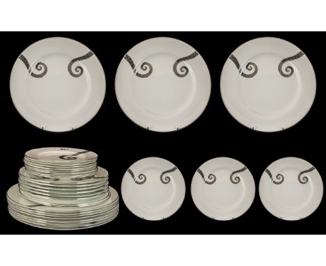 Modern 24 Piece Part Dinner Set White Ground With Silver Edge And Design, Marked Repeat Repeat Contemporary China, Stoke, Eng
