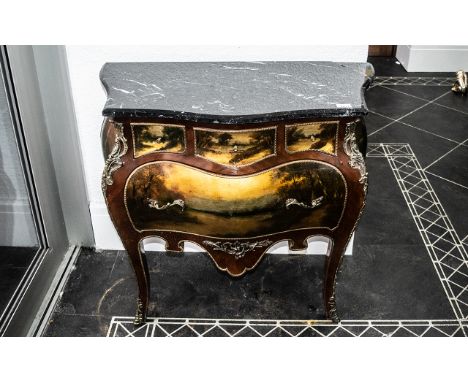 French Style Bombe Fronted Commode Chest with vernis martin painted panels.  Black shaped marble top, damaged and splits to s