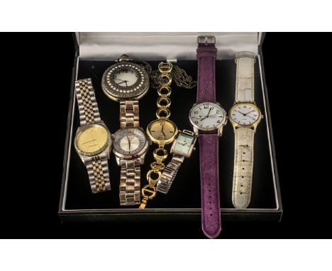 Collection of Ladies Watches comprising Red Herring metal strap; R &amp; G gold decorative strap watch; Romtimes purple strap