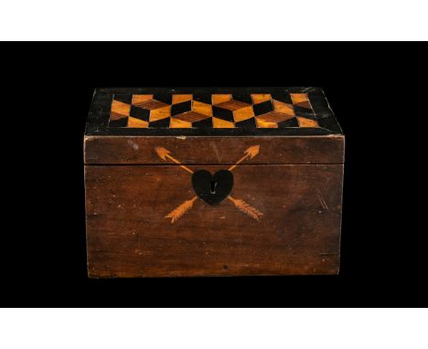 Georgian Mahogany Tea Caddy with a parquetry top and inlaid heart shaped escutcheon with two arrows; c1800; 5 inches (12.5cms