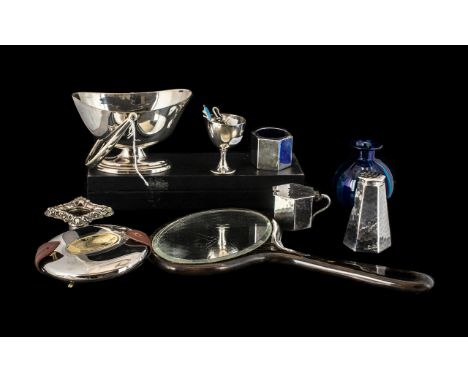 A Collection of Plated and Pewter Ware comprising a Civic Pewter pepper pot, salt pot with blue glass inner, and mustard pot 