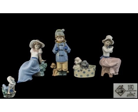 Nao by Lladro Collection of Hand Painted Porcelain Figures ( 4 ) In Total. Various Subjects - Young Children with Animals + 2