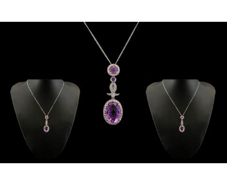 18ct White Gold Superb Quality Diamond and Amethyst Set Combined Necklace - Pendant Drop of pleasing design, the central larg