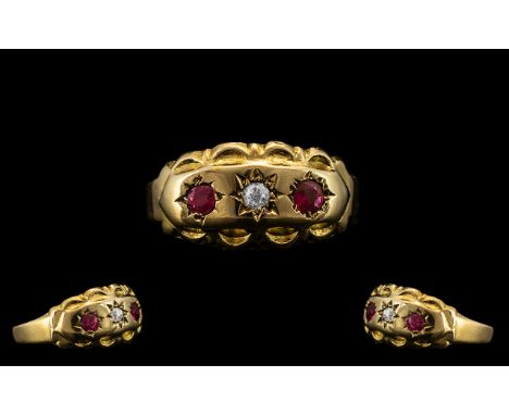 Edwardian Period 18ct Gold Attractive Ruby and Diamond Set Ring - Star Setting. Rubies and Diamonds of Excellent Colour. Full