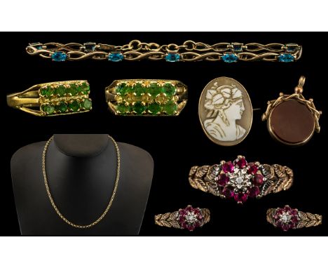 A Collection of 9ct Gold Hallmarked Jewellery ( 6 ) Pieces In Total. Comprises 1/ 9ct Gold Emerald Set Ring. Weight 2.9 grams