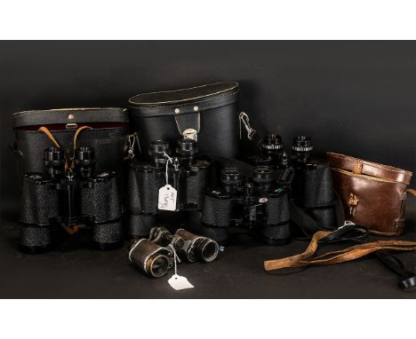Five Pairs of Vintage Binoculars comprising 1/ Cased Barco, 7 x 50 Field, 2/ Cased Prinz Ux Spacemaster 10 x 50, 3/ Green Kat