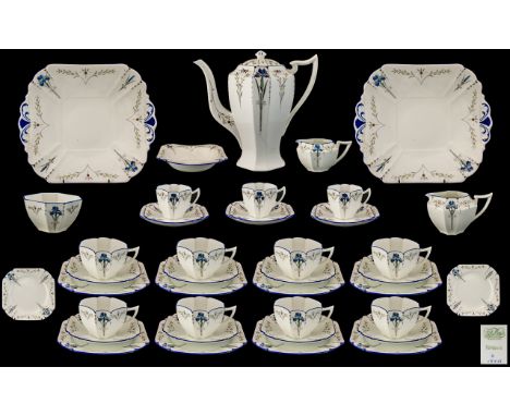 Shelley - Art Deco Period ( 45 ) Piece Tea and Coffee Service ' Blue Iris ' Pattern. Design No 11561. Queen Anne Shape, Enter