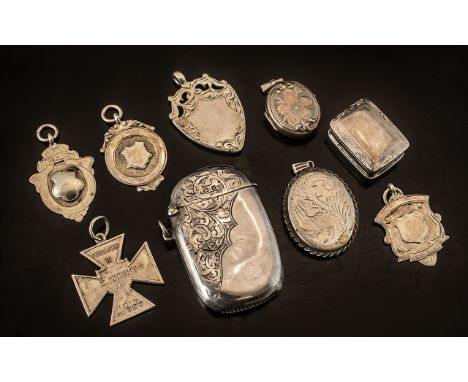 A Small Collection of Antique and Vintage Sterling Silver Medals, pill boxes, lockets and Vesta case, 9 items in total.  All 