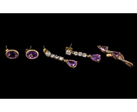 Small Collection of 9ct Gold Amethyst Set Jewellery, to include a pair of drop earrings, stud earrings and a pendant drop.
