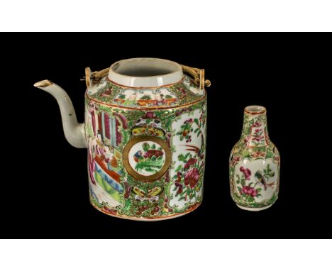 Antique Chinese Canton Tea Pot, decorated in the Mandarin pattern; (lacking lid), plus a small Canton vase, 3 inches (7.5cms)